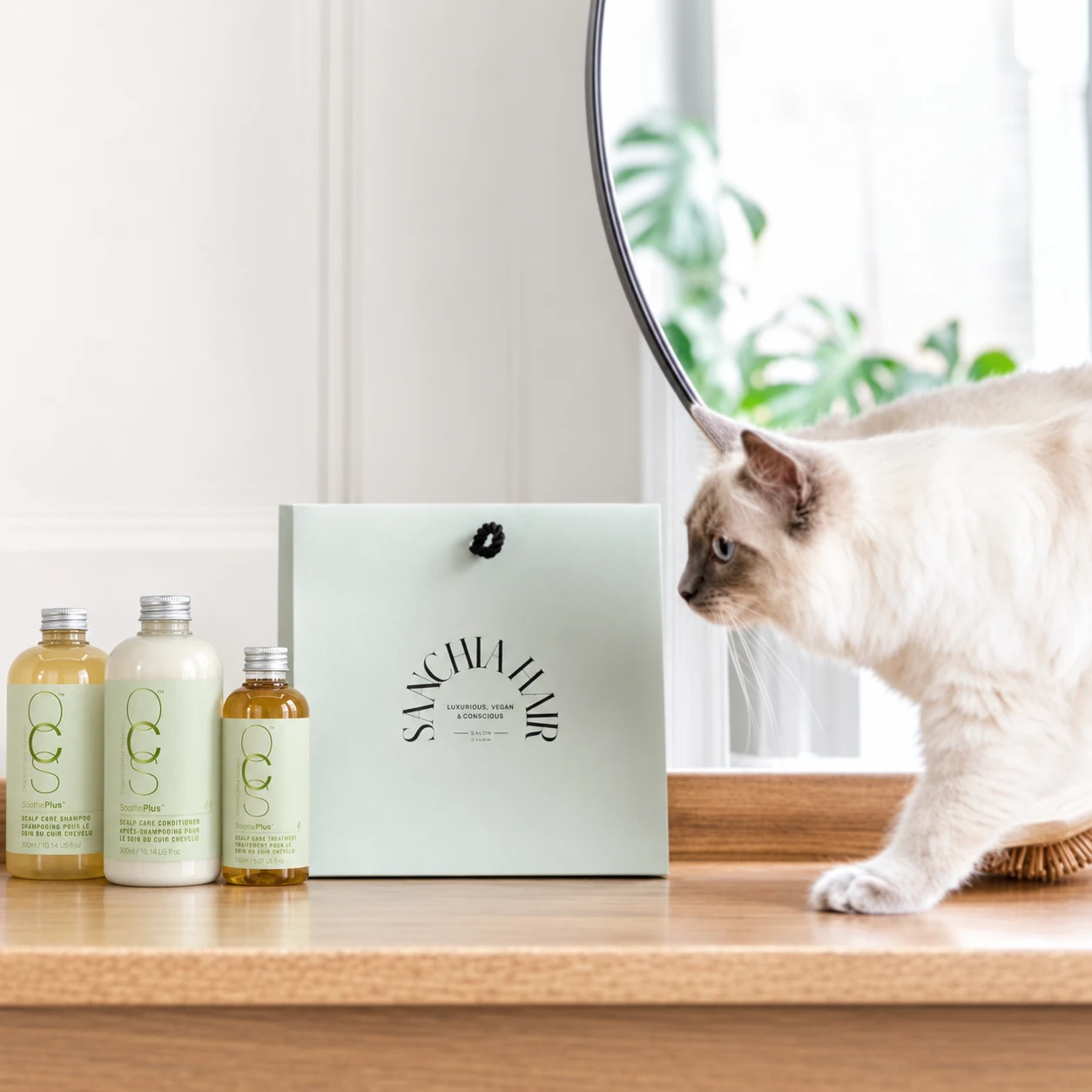 Miss Evie beside haircare products